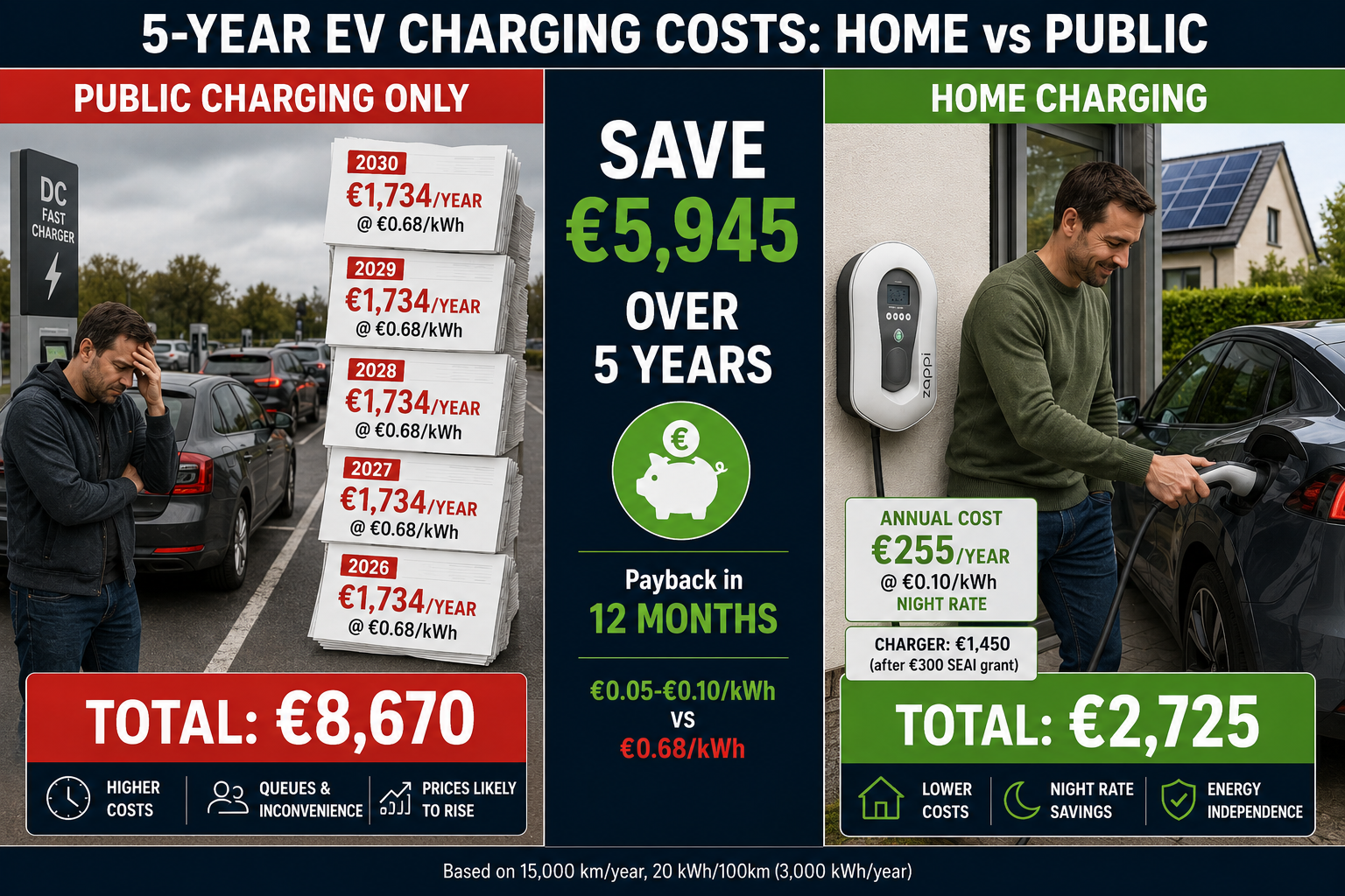 5-year cost comparison showing public EV charging costs €8,670 versus home charging at €2,725, saving Irish EV owners €5,945 with 12-month payback