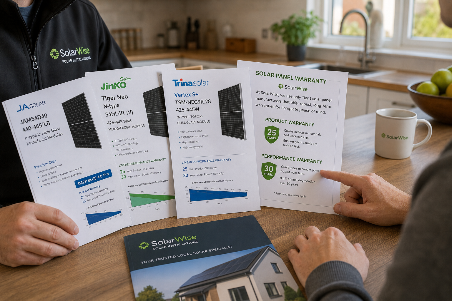 Solar installer showing panel specifications and warranty documentation to Irish homeowner during consultation