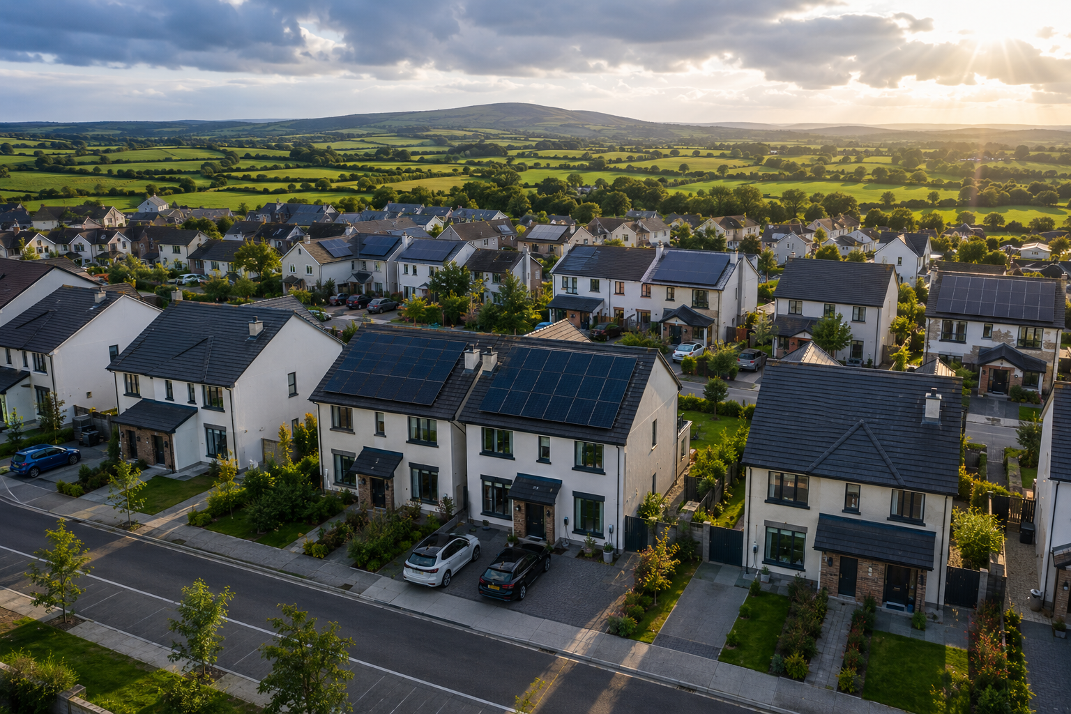 Irish neighbourhood with homes equipped with rooftop solar panels generating electricity