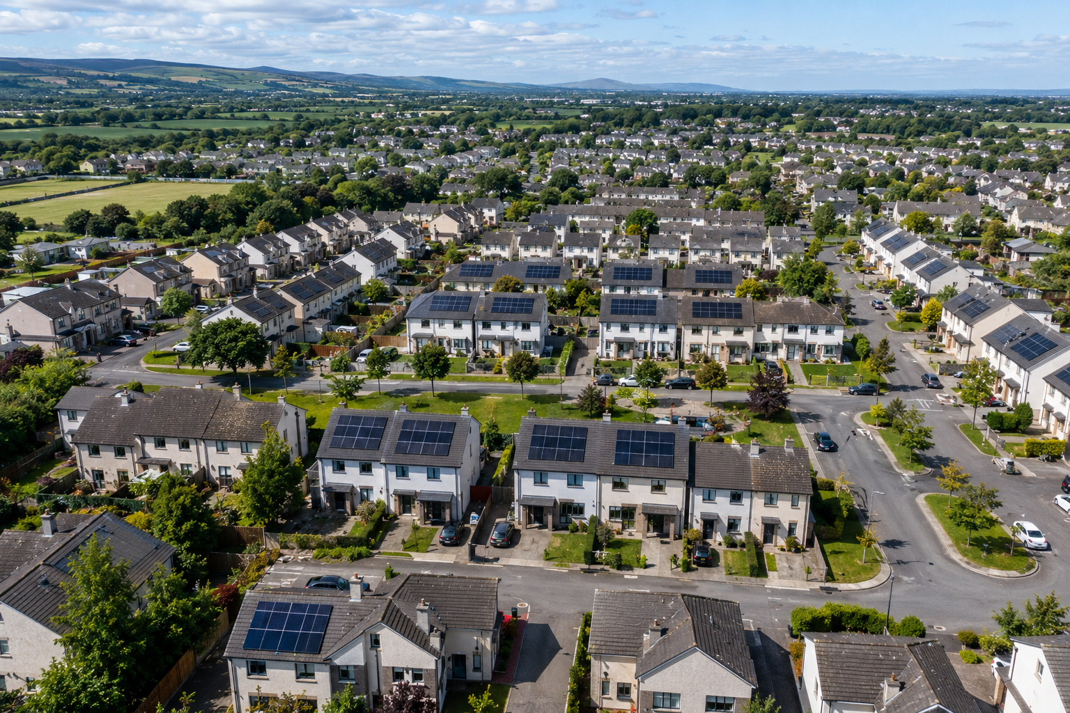 Aerial view of Irish housing estate showing multiple homes with solar panels demonstrating neighbourhood solar adoption