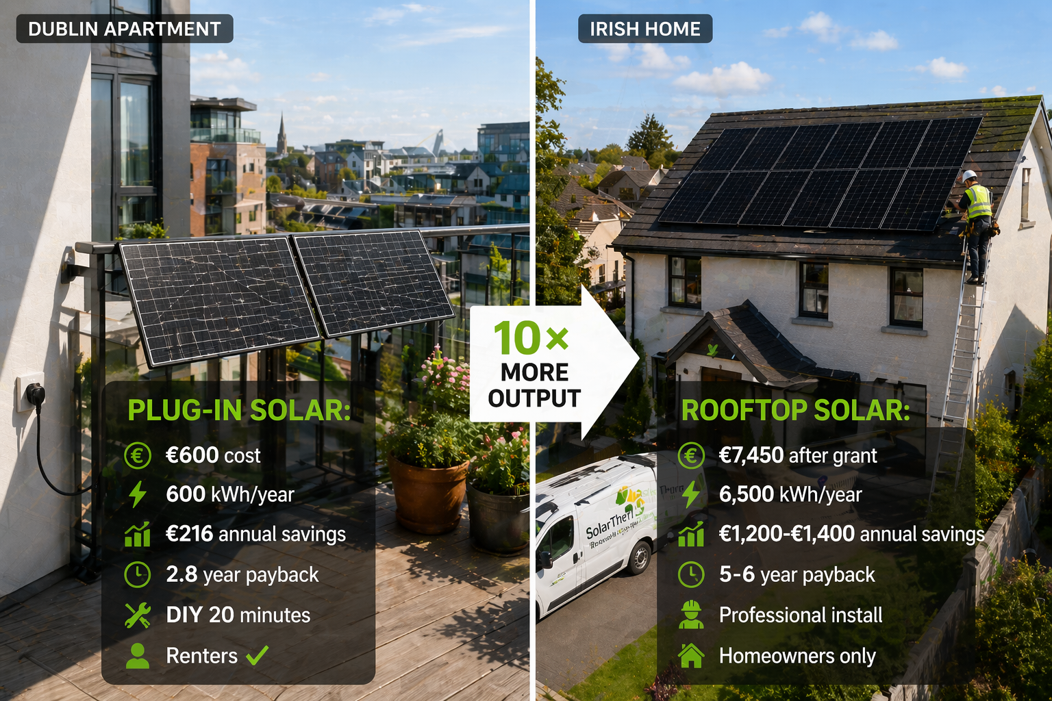 Cost and output comparison showing plug-in balcony solar (€600, 600 kWh/year) versus professional rooftop solar (€7,450 after grant, 6,500 kWh/year) in Ireland