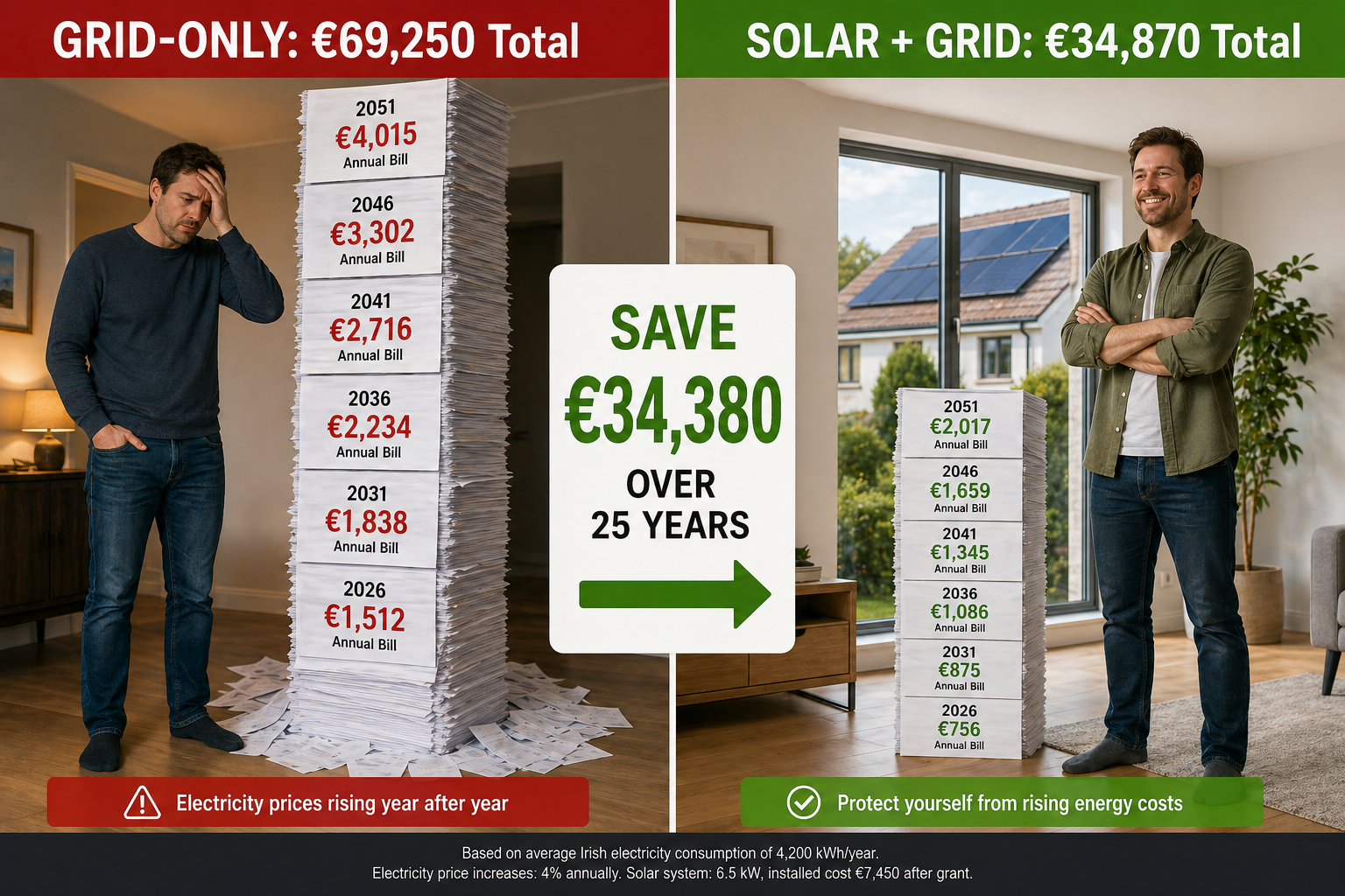 25-year cost comparison showing grid-only household paying €69,250 versus solar household paying €34,870, saving €34,380 in Ireland