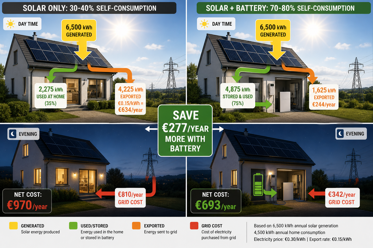 Energy flow comparison showing solar-only system with 35% self-consumption (€970/year net cost) versus solar plus battery with 75% self-consumption (€693/year net cost), saving €277 annually