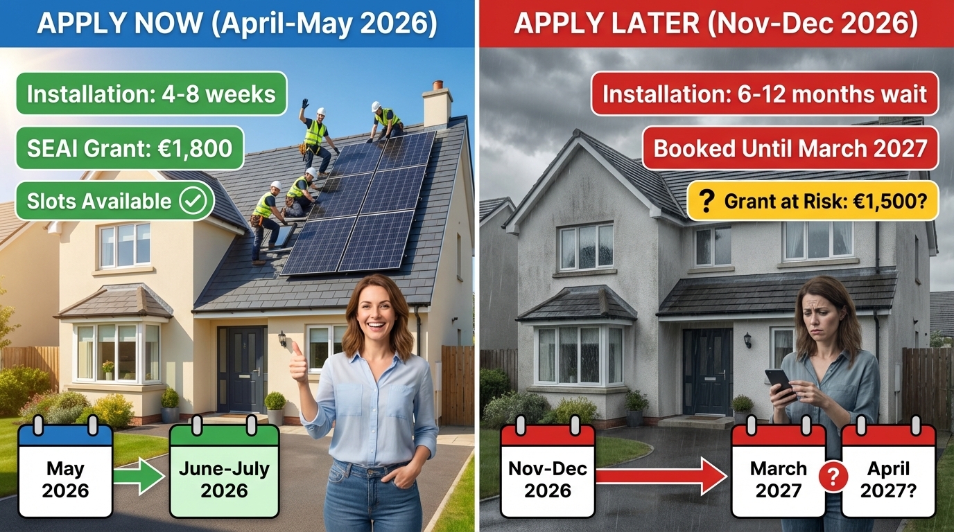 Timeline comparison showing current 4-8 week installation wait times versus projected 6-12 month delays by late 2026 due to SEAI demand surge