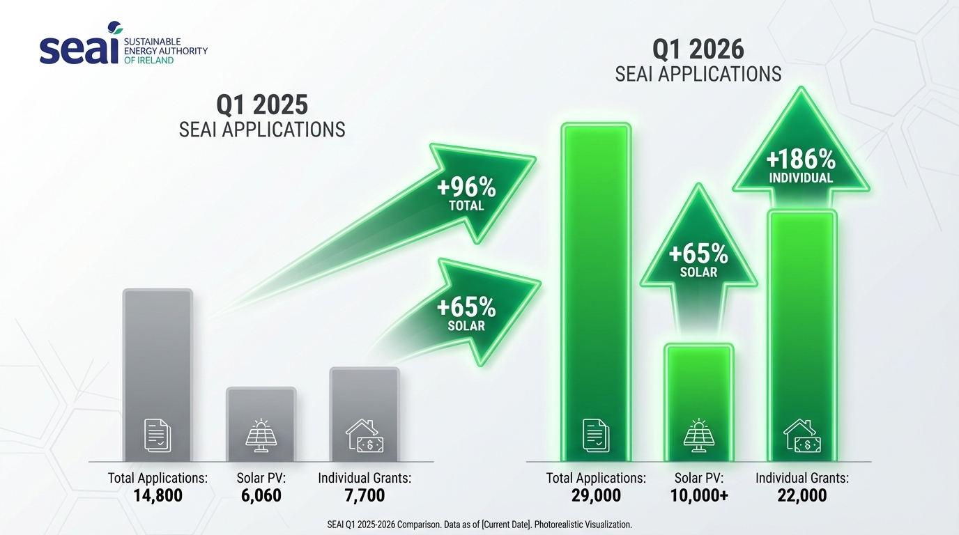 Photorealistic infographic showing vertical bar chart comparison. Left side shows Q1 2025 with smaller bars in grey: "Total Applications: 14,800 | Solar PV: 6,060 | Individual Grants: 7,700". Right side shows Q1 2026 with much taller bars in green: "Total Applications: 29,000 | Solar PV: 10,000+ | Individual Grants: 22,000". Large percentage increase arrows: "+96% TOTAL", "+65% SOLAR", "+186% INDIVIDUAL". Clean modern business infographic style with SEAI logo watermark, professional data visualization, bright colors, 4K quality