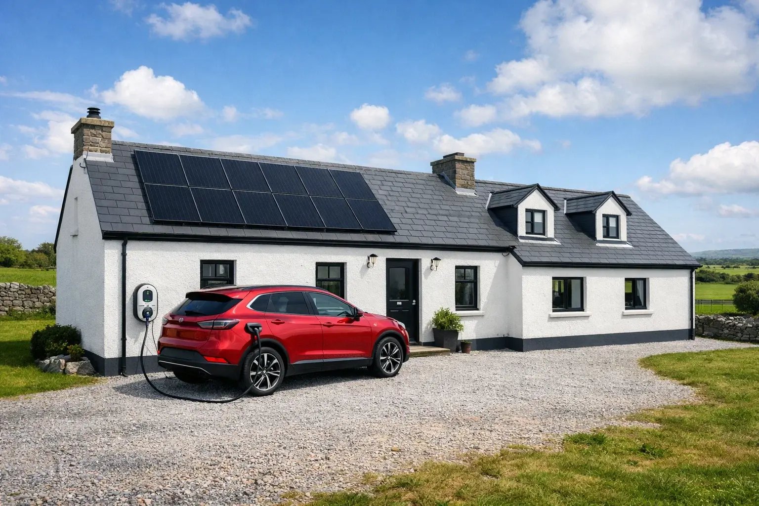  Irish rural farmhouse with solar panels and EV charger showing sustainable country living