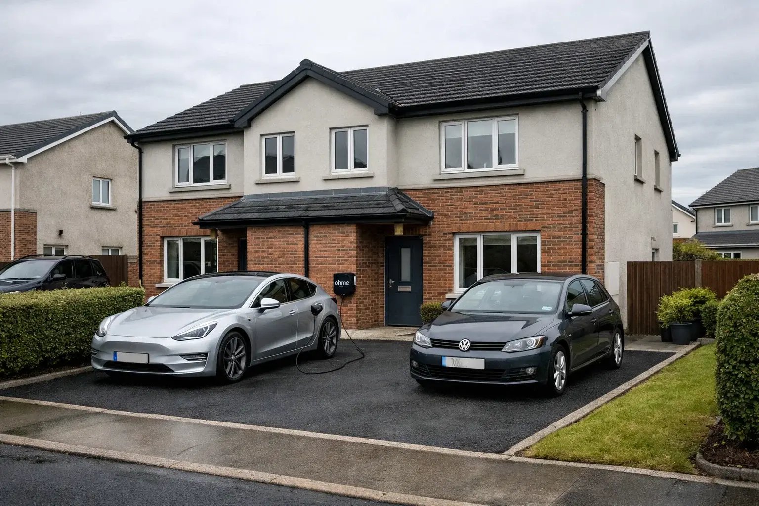 Suburban Irish home in commuter belt with EV charger installed on driveway