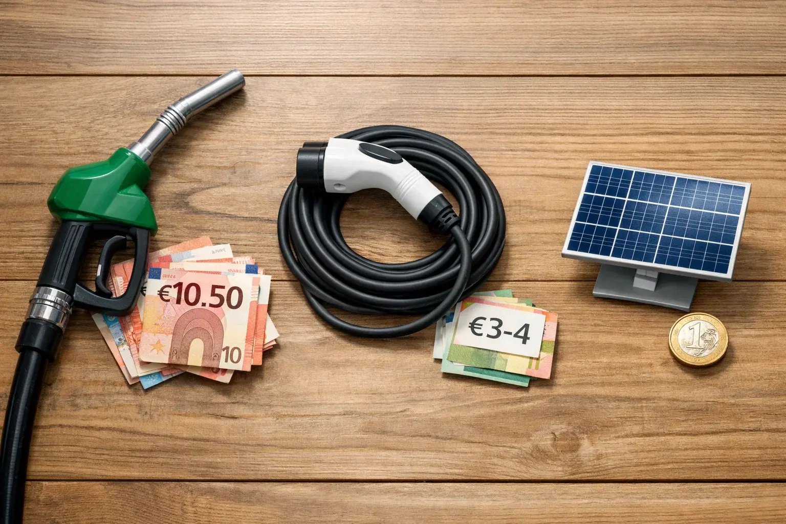 Visual comparison of fuel costs: petrol pump, EV home charging, and solar panel showing cost savings