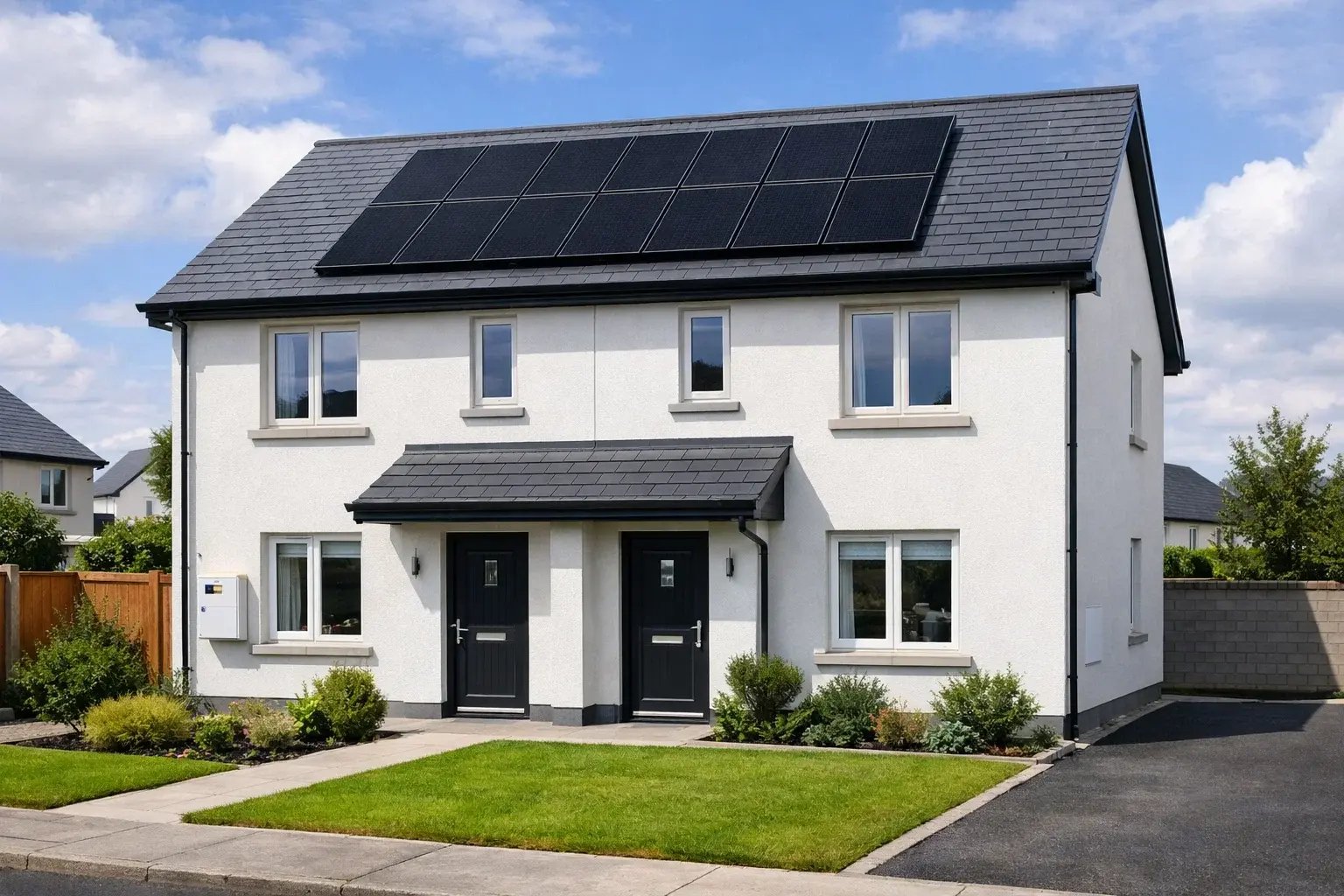 Modern Irish home with rooftop solar panels demonstrating residential renewable energy installation