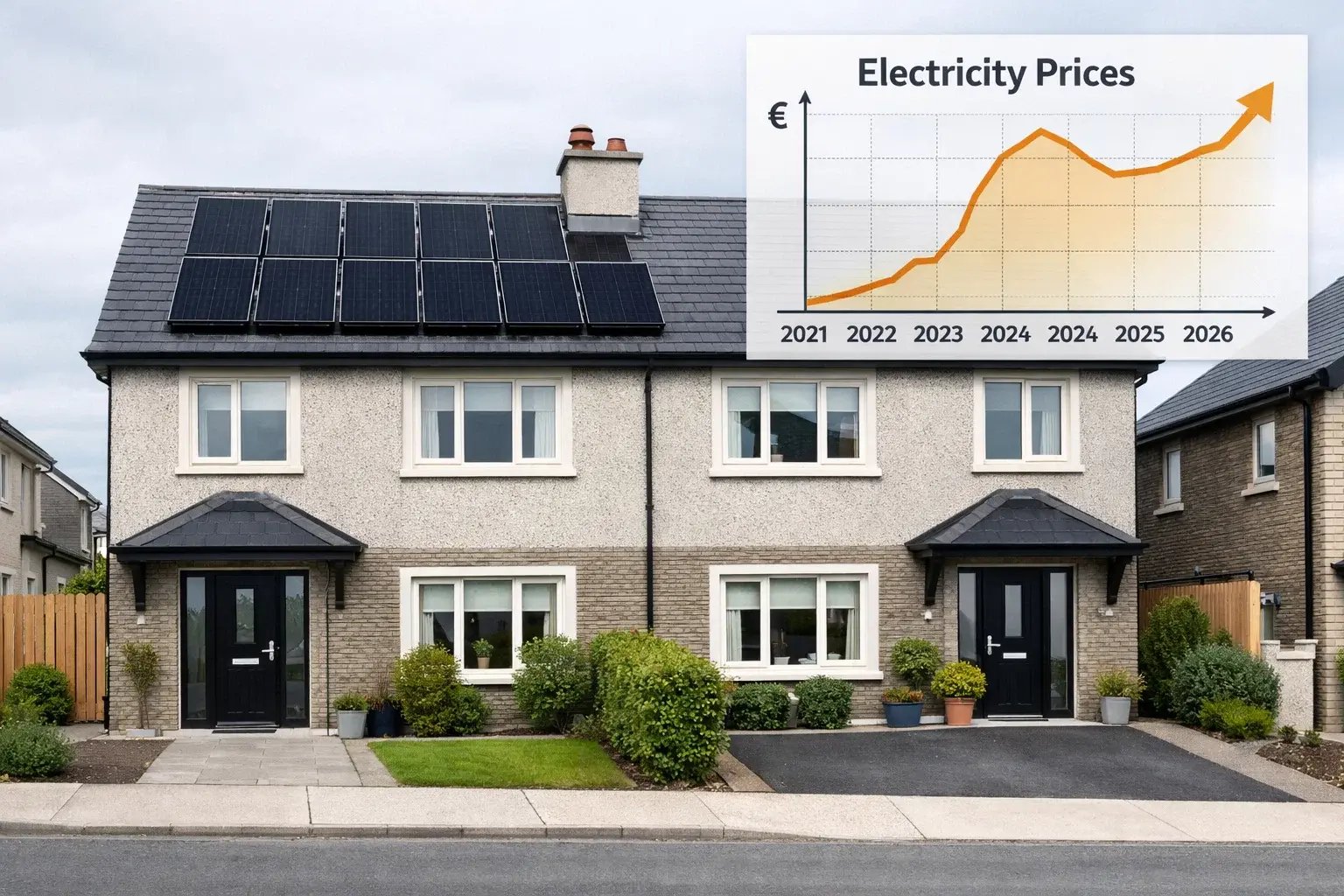 Irish home with solar panels demonstrating protection against rising electricity prices 2021-2026