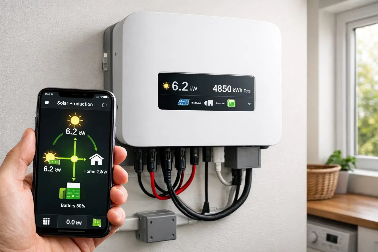 Solar inverter and monitoring app showing real-time electricity generation from rooftop solar panels in Irish home