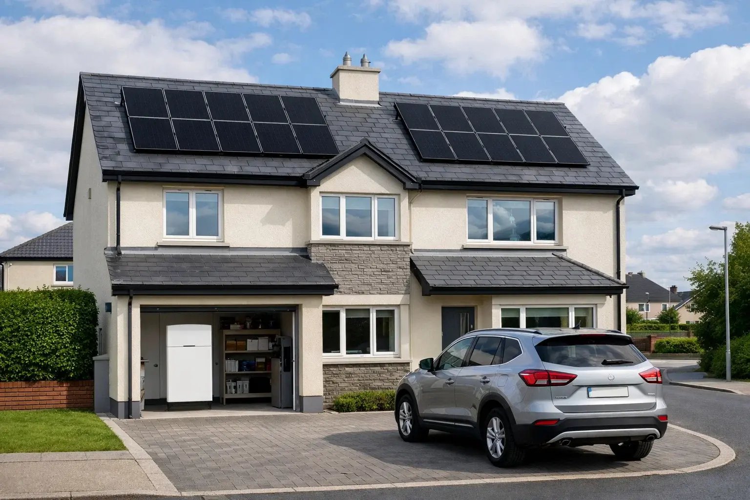 Irish home with rooftop solar panels and visible garage-mounted battery storage system for energy independence