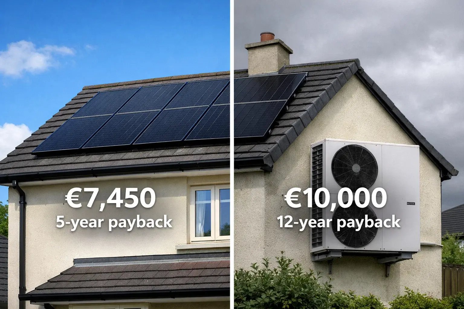 Cost comparison showing solar panels at €7,450 with 5-year payback versus heat pump at €10,000 with 12-year payback on Irish homes