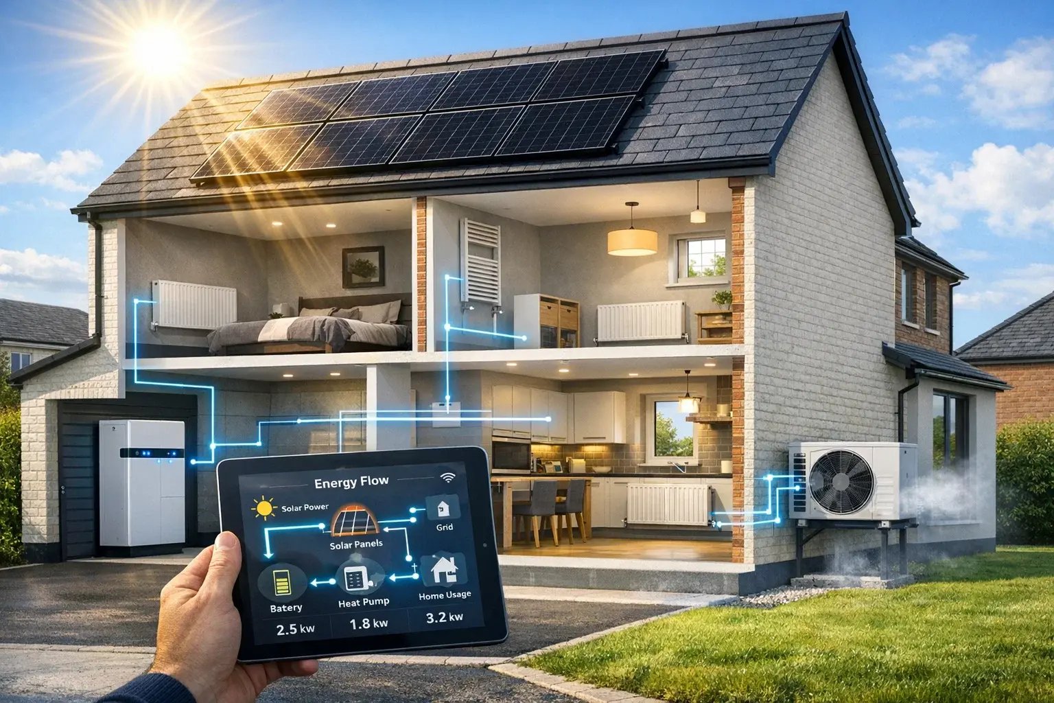 Integrated home energy system showing solar panels, battery storage, and heat pump working together in an Irish home
