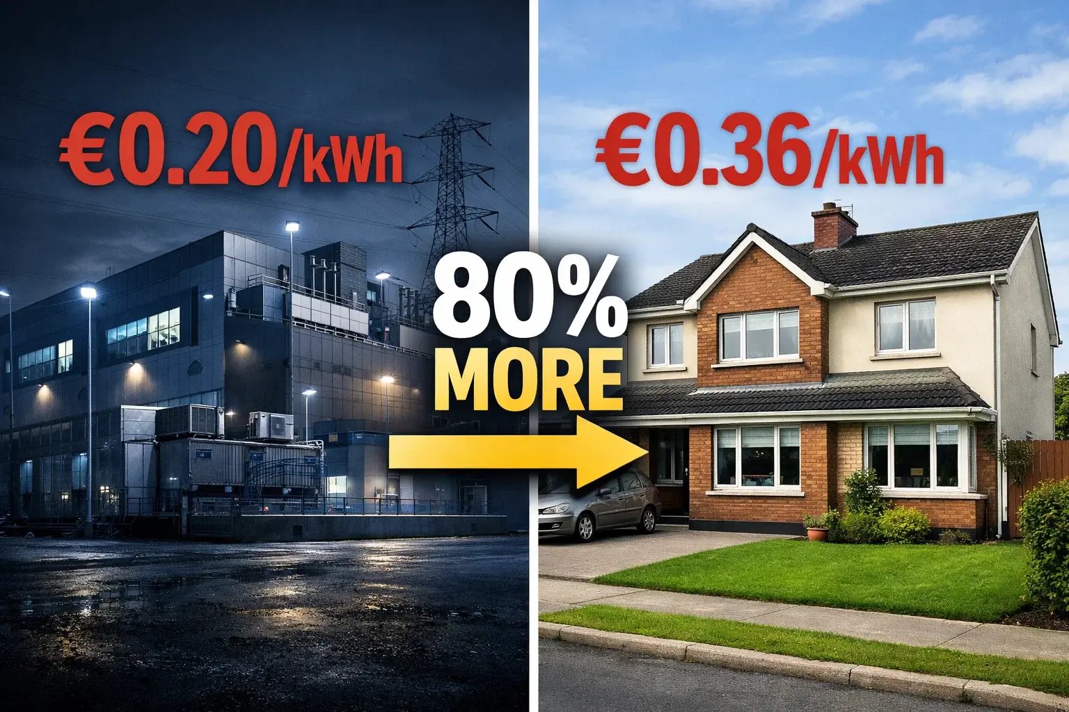 Cost comparison showing Irish homeowners paying €0.36 per kWh while data centres pay €0.20 per kWh for electricity