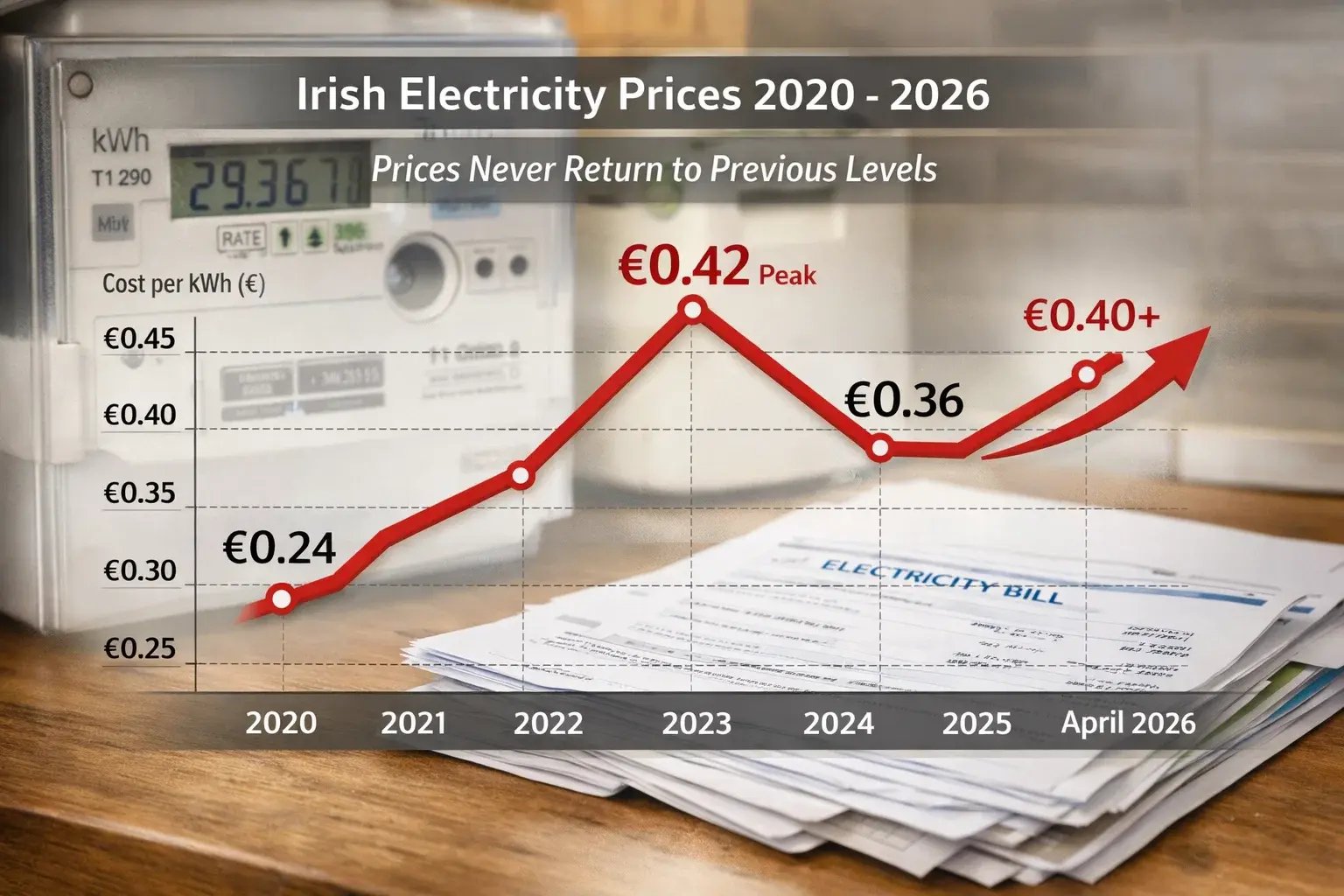 Graph showing Irish electricity price increases from €0.24 in 2020 to €0.40+ in April 2026 with bills on table