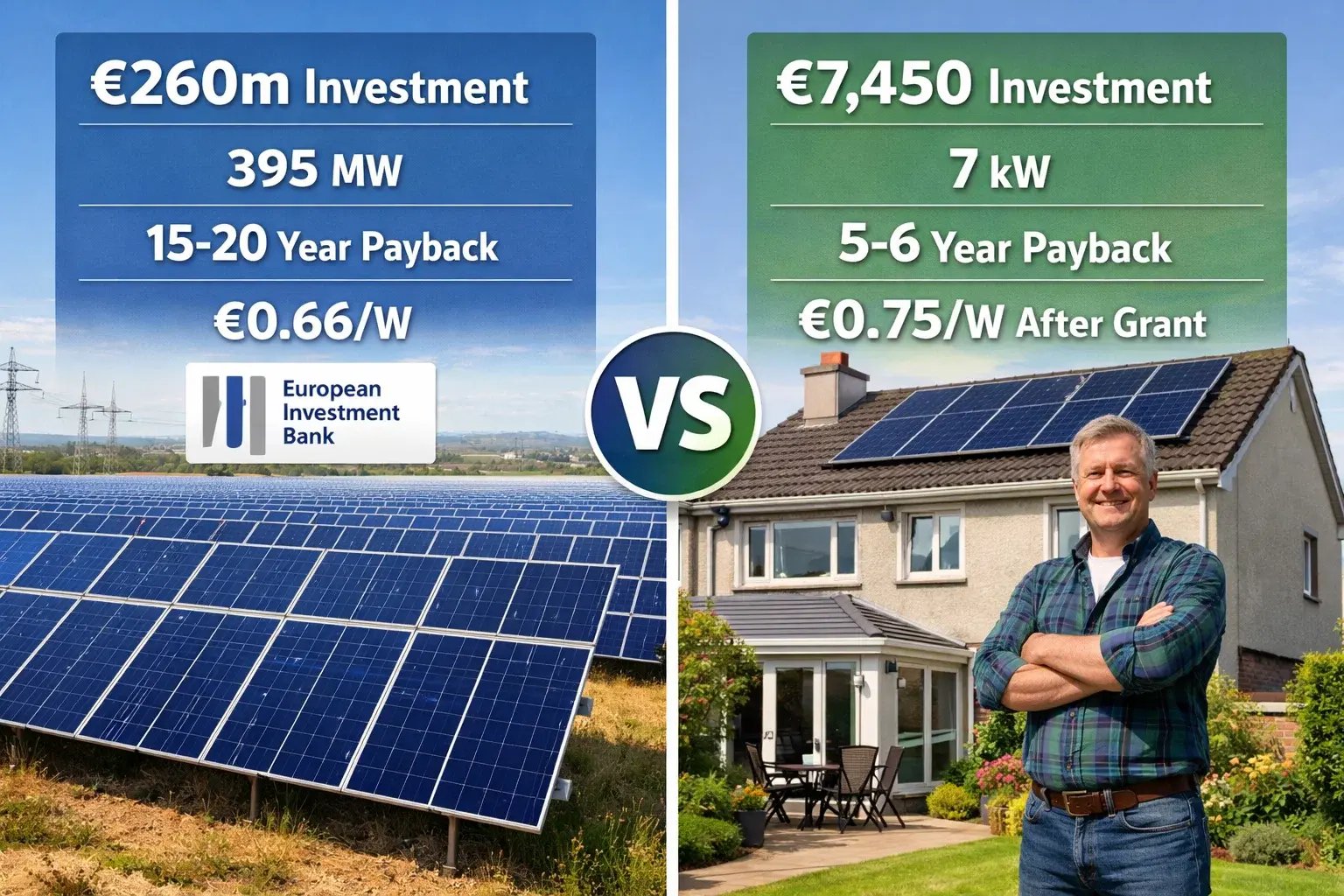 Investment comparison showing EIB €260m utility solar with 15-20 year payback versus €7,450 home solar with 5-6 year payback in Ireland