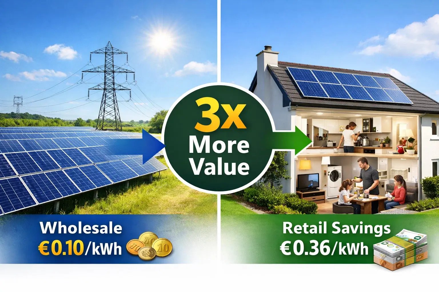 Value comparison showing utility solar selling at €0.10 per kWh wholesale versus rooftop solar saving €0.36 per kWh retail in Ireland