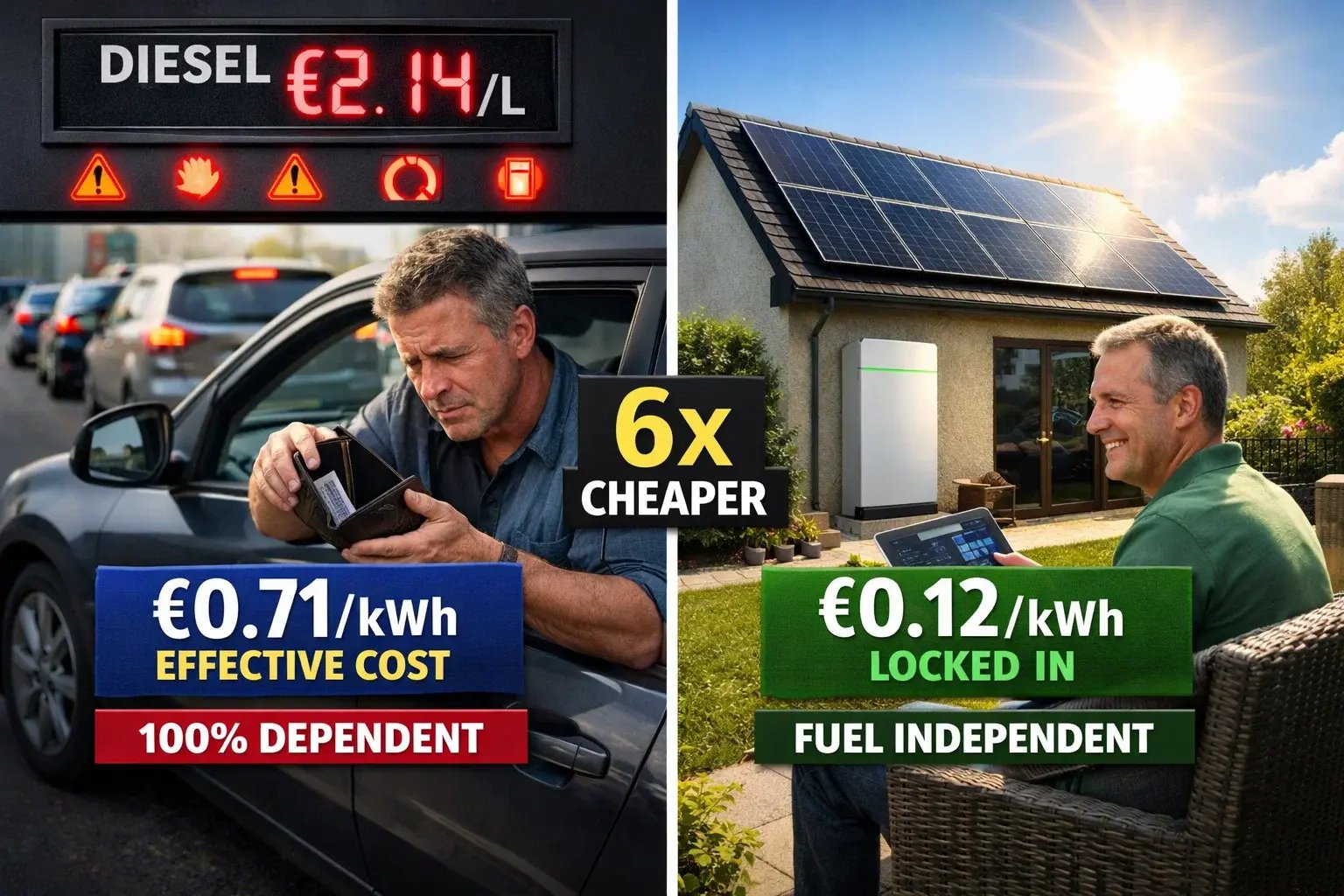 Cost comparison showing diesel at €2.14 per litre costing €0.71 per usable kWh versus solar panels at €0.12 per kWh in Ireland April 2026