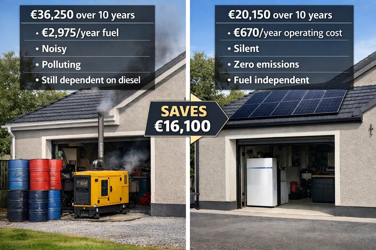 Ten-year cost comparison showing diesel generator costing €36,250 versus solar and battery system costing €20,150 with €16,100 savings in Ireland