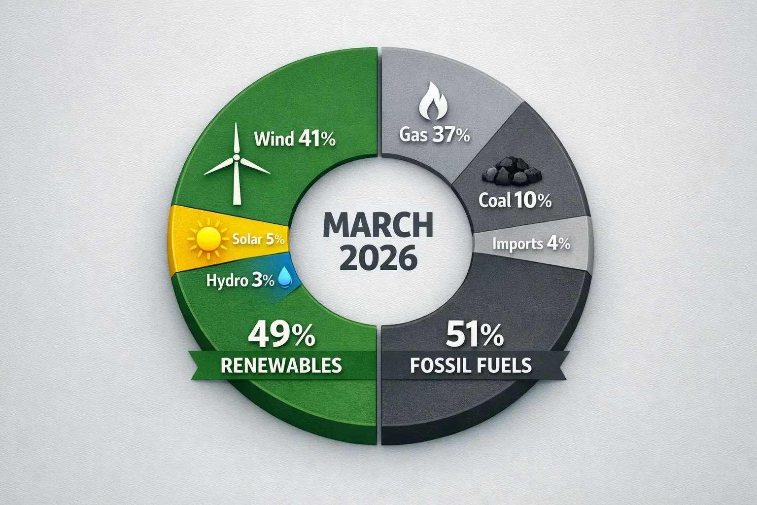 Pie chart showing Ireland's electricity mix in March 2026 with 49% from renewables (wind 41%, solar 5%, hydro 3%) and 51% from fossil fuels