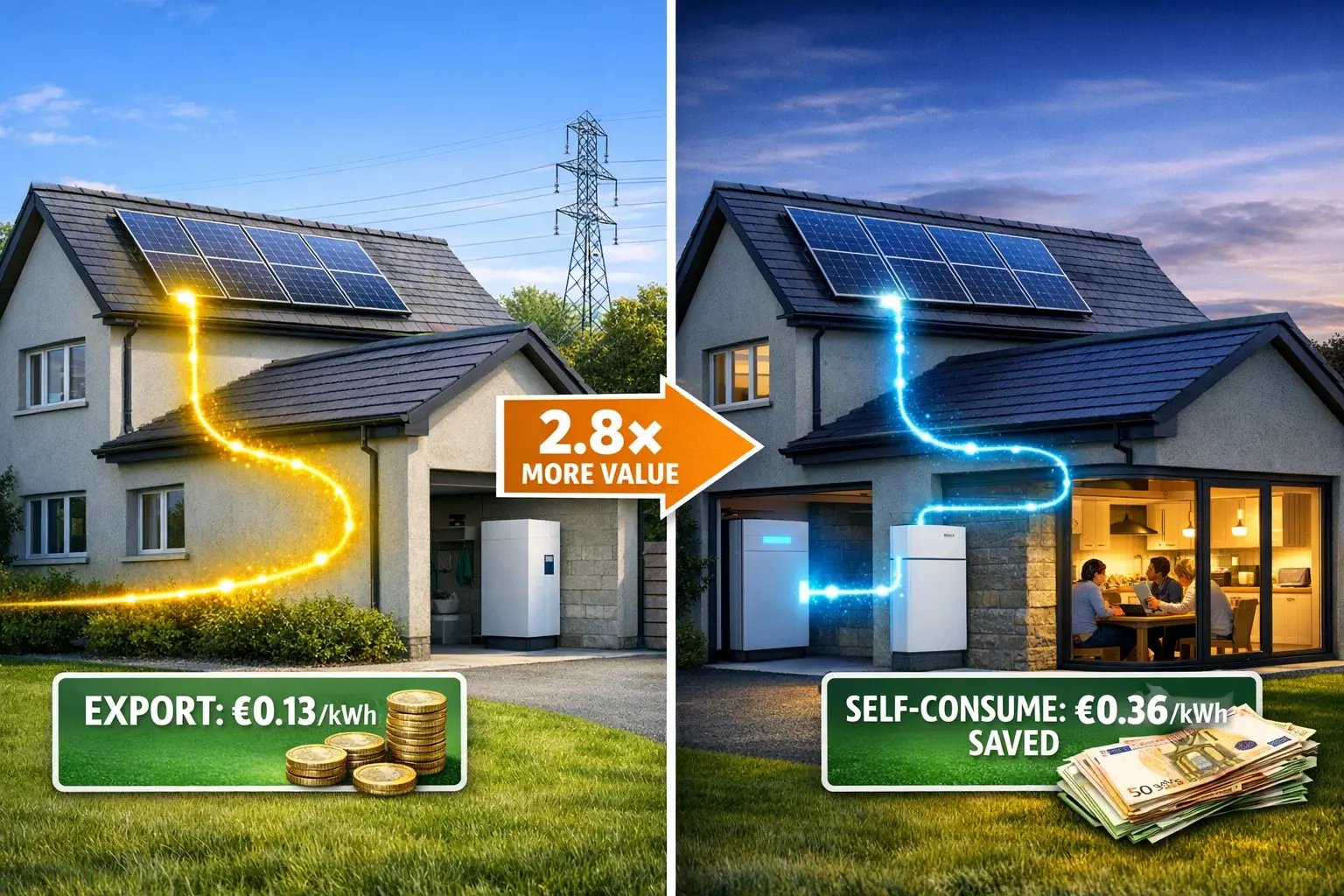 Value comparison showing solar export at €0.13 per kWh earning small amount versus battery self-consumption saving €0.36 per kWh being 2.8 times more valuable
