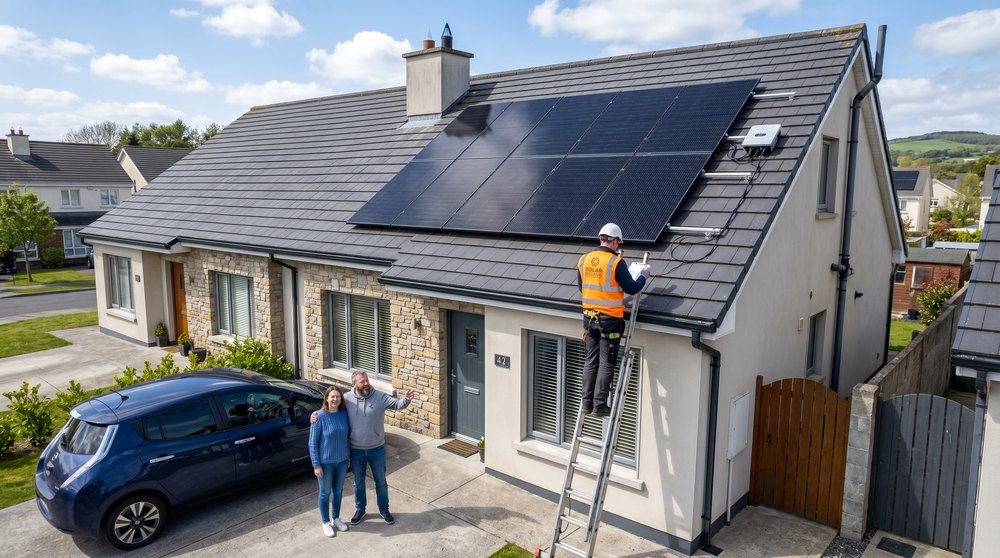 Professional solar panel installation completed on Irish home roof with satisfied homeowners and quality installer inspection